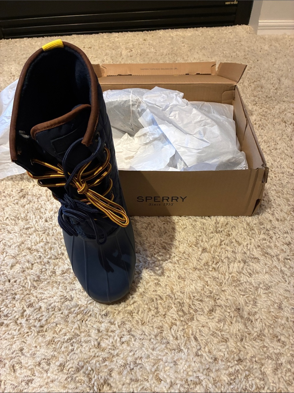 Sperry Navy Rubber Rain Boot with Brown Collar and Yellow Lace Detail